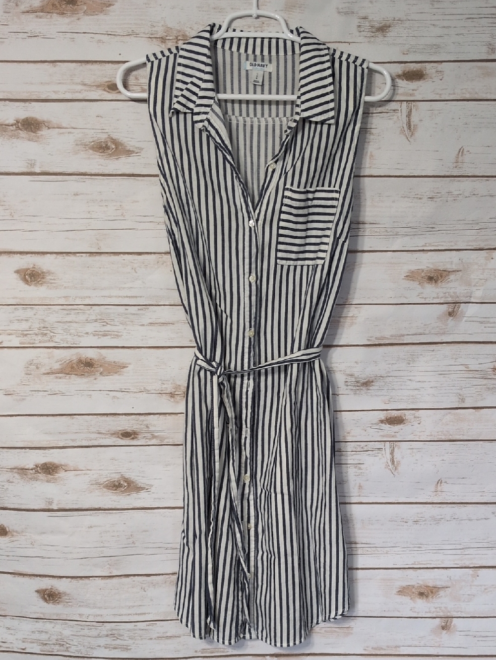 Old Navy White & Navy Blue Striped Sleeveless Shirt Dress